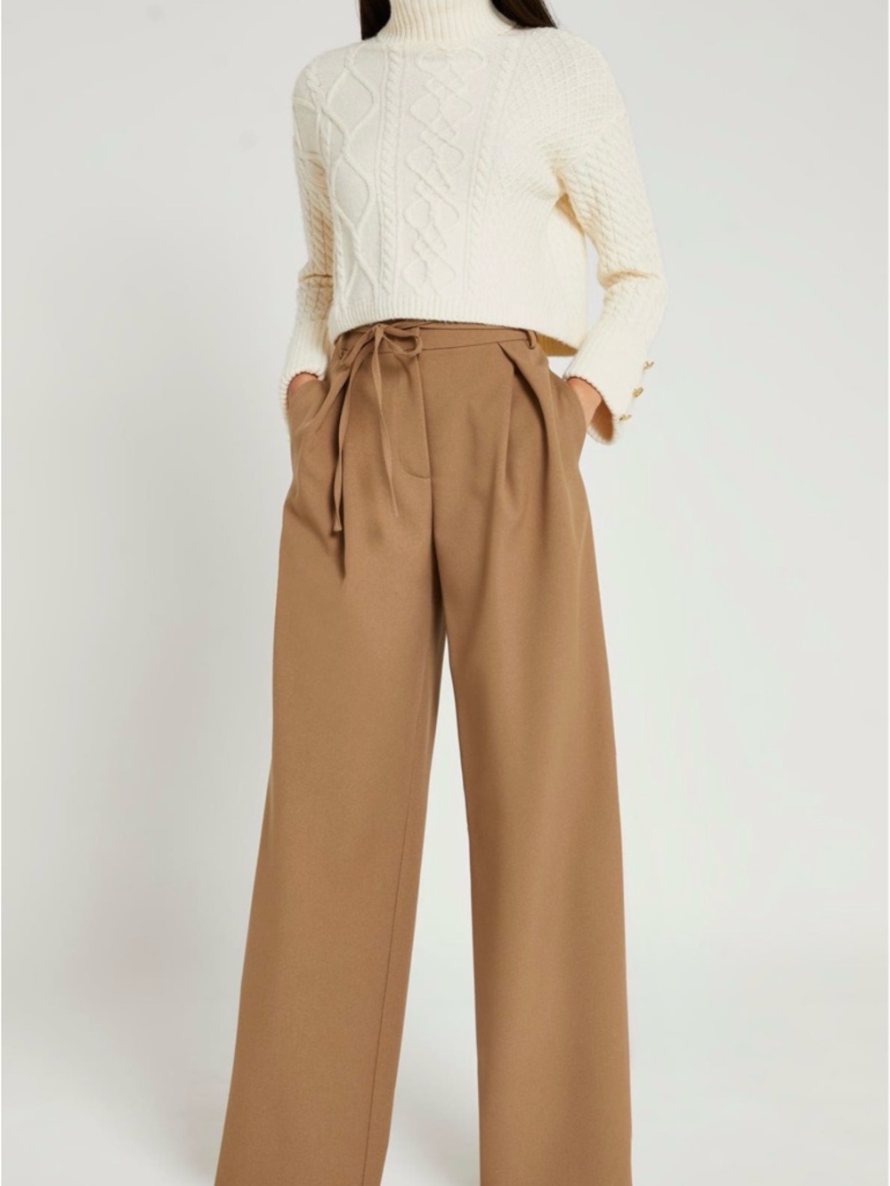 River Island Camel High-Waist Wide Leg Tie-Waist Pants